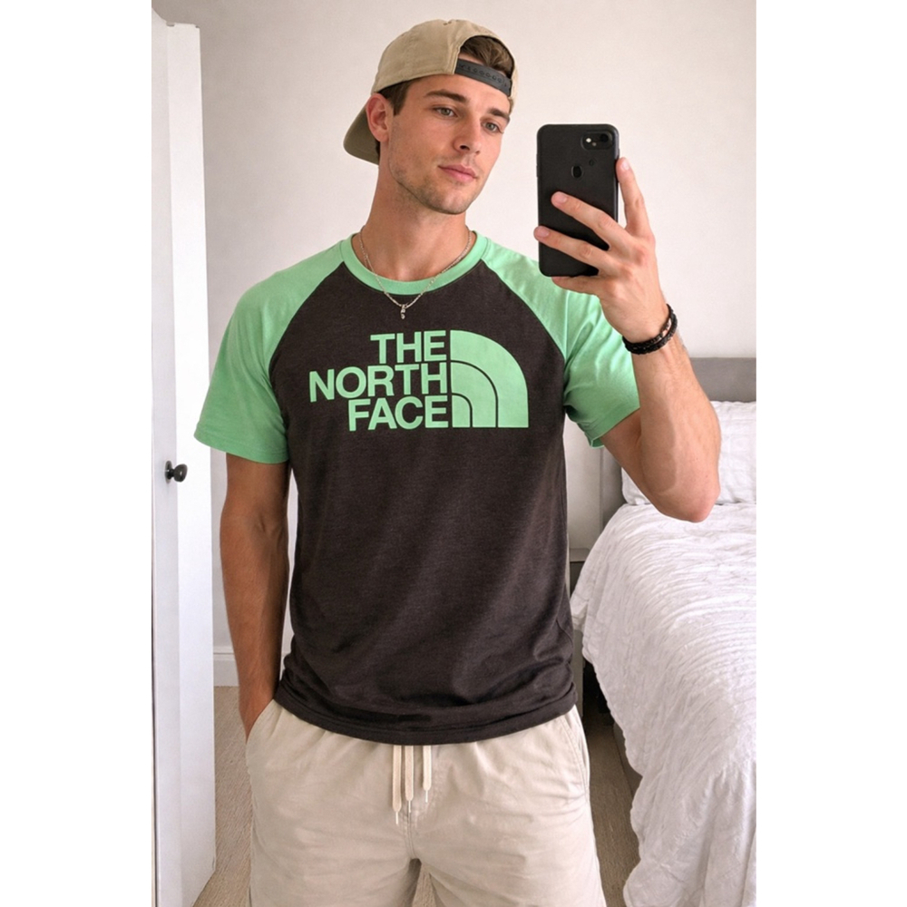The North Face Raglan Logo Tee Brown Green Size Small
